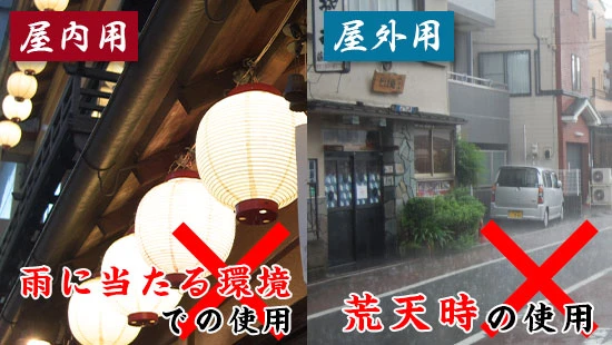 屋内用：雨に当たる環境での使用、屋外用：荒天時の使用