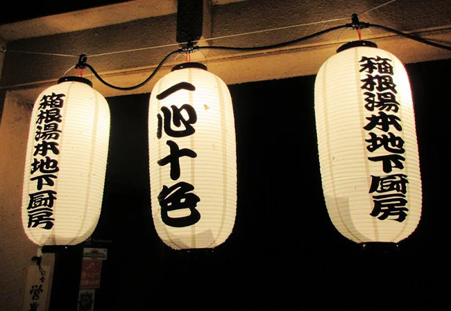 設置事例No.1 創作料理屋様の店外装飾用12号長型ビニール提灯使用写真