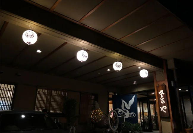 設置事例No.63 旅館様の店舗装飾用13号丸型ビニール提灯使用風景夜間ライトアップ時